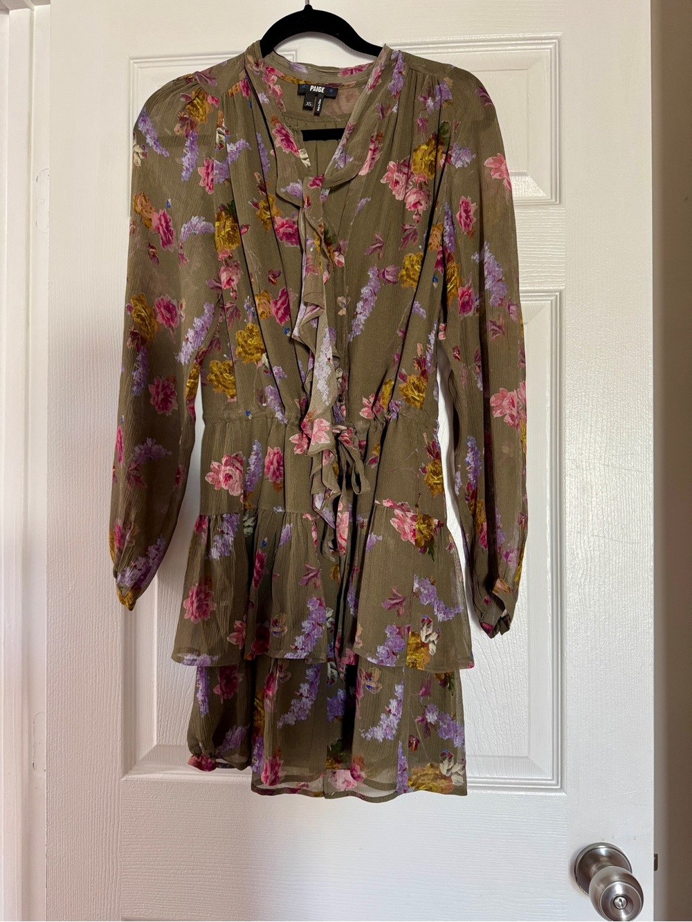 Paige Floral Ruffle Tie-Waist Dress — Olive with Pink & Lavender Blooms